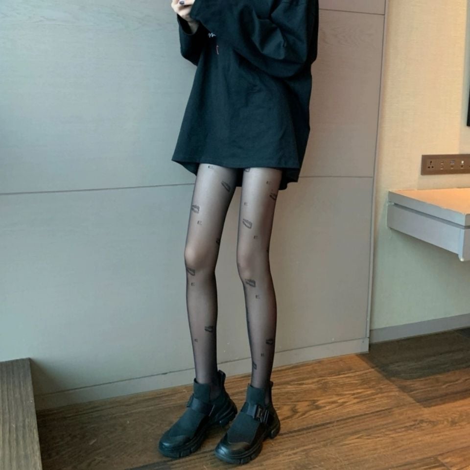 BLACK STOCKINGS THIN JACQUARD FASHION LEGGINGS LIP PRINT PANTYHOSE