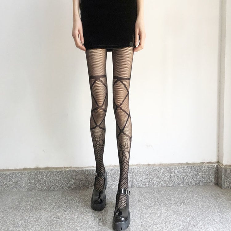 BOW TIE FISHING NET SOCKS JK BLACK SILK FASHION HOLLOW ONE-PIECE PANTYHOSE