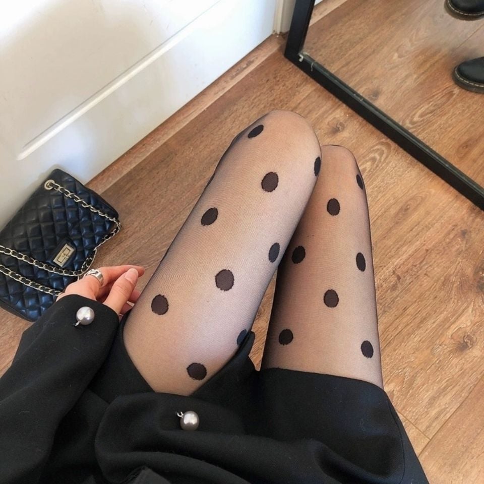 BLACK POLKA DOT STOCKINGS JACQUARD PANTYHOSE WAVE POINT BOTTOMING SOCKS
