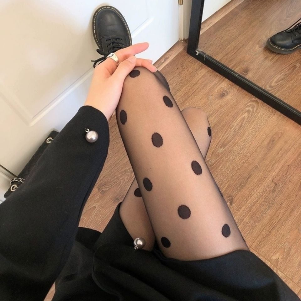BLACK POLKA DOT STOCKINGS JACQUARD PANTYHOSE WAVE POINT BOTTOMING SOCKS
