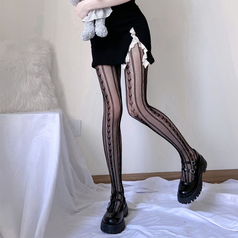 HEART-SHAPED STRIPED SOCKS HOT GIRL COLLEGE STYLE BLACK SILK PANTYHOSE