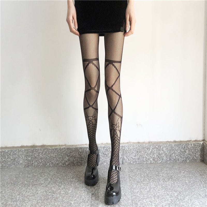 BOW TIE FISHING NET SOCKS JK BLACK SILK FASHION HOLLOW ONE-PIECE PANTYHOSE