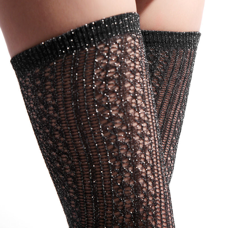 VERTICAL STRIPE SHINY SILVER HIGH TUBE STOCKINGS HOLLOW MESH STOCKINGS