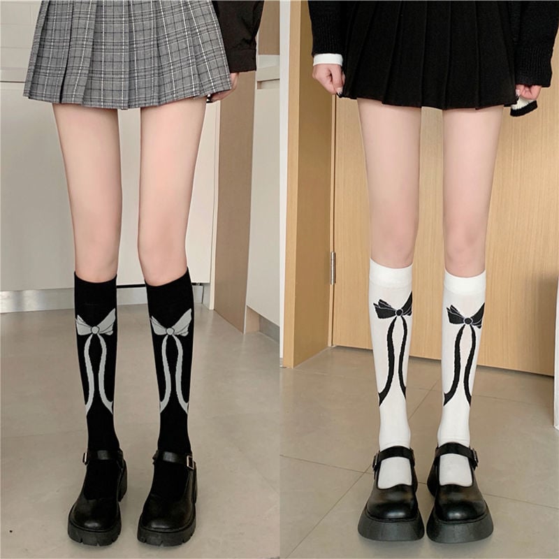 COLLEGE STYLE BOWKNOT TUBE SOCKS WOMEN'S KNITTED CALF SOCKS DARK LINE LOLITA PILE SOCKS