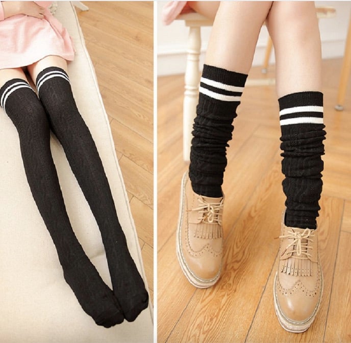 WOMEN'S TOP FASHION SWEET SOLID COLOR KNIT COTTON BREATHABLE OVER THE KNEE LONG STRIPED THIGH HIGH STOCKING HIGH ELASTIC UNDERWEAR
