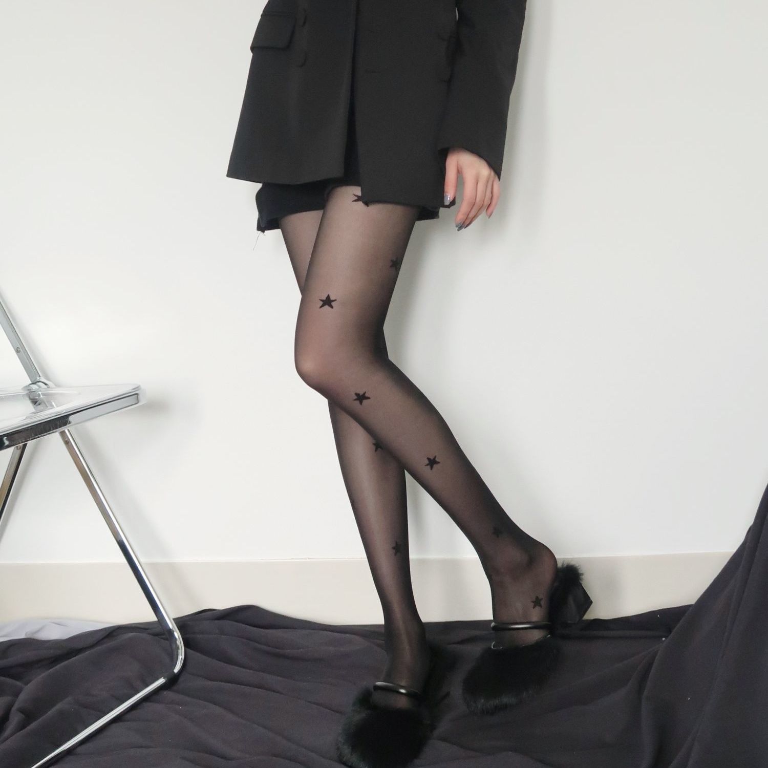 MESH HOLLOW JACQUARD FASHIONTREND ALL-MATCH TROUSERS FISHNET SOCKS