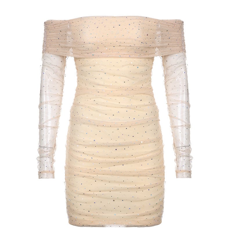 GLITTER MESH DRESS WOMEN'S OFF-SHOULDER PLEATED SLIM EVENING DRESS