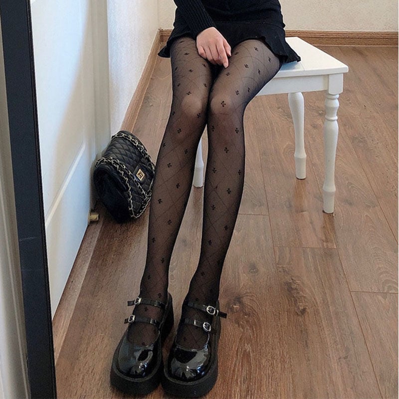 BLACK RHOMBIC JACQUARD CLOVER BLACK SILK STOCKINGS NET THIN LEG PANTYHOSE