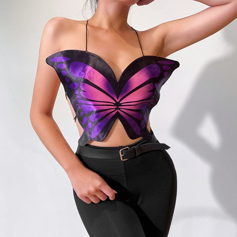 KAWAII CLOTHING BUTTERFLY WINGS CROP TOP BACKLESS PINK BLUE HARAJUKU FUN KOREA JAPAN