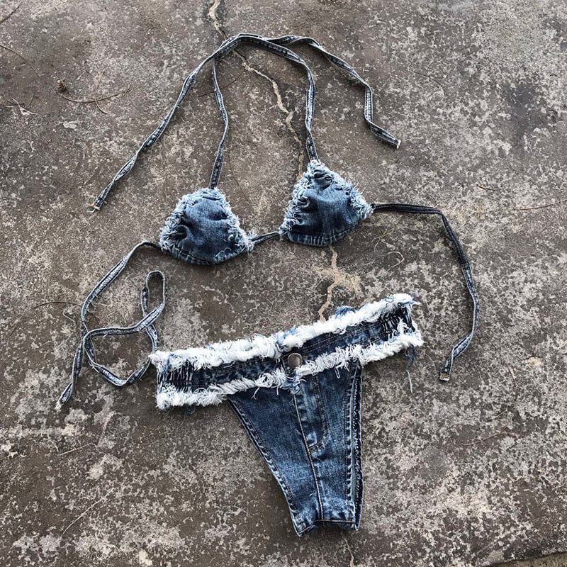 SUPER SHORT DENIM SHORTS HOT PANTS FASHION LOW WAIST BIKINI TWO PIECE SET