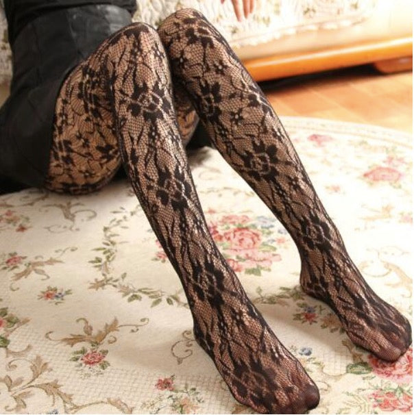 HOT SALE WOMEN LADY FASHION LACE FLOWER LONG STOCKINGS PANTYHOSE HIGH ELASTIC HOLLOW TIGHTS BLACK HOSIERY MESH FISHNET STOCKINGS