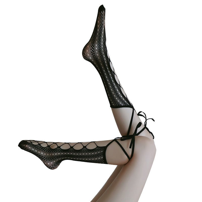 MEDIUM TUBE SOCKS HOLLOW OUT THIN SHAPING SOLID COLOR SOCKS LACE UP FASHION FISHING NET SOCKS