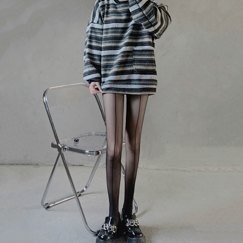 BLACK FASHION SHRIMP LINE STRIPED JK PANTYHOSE