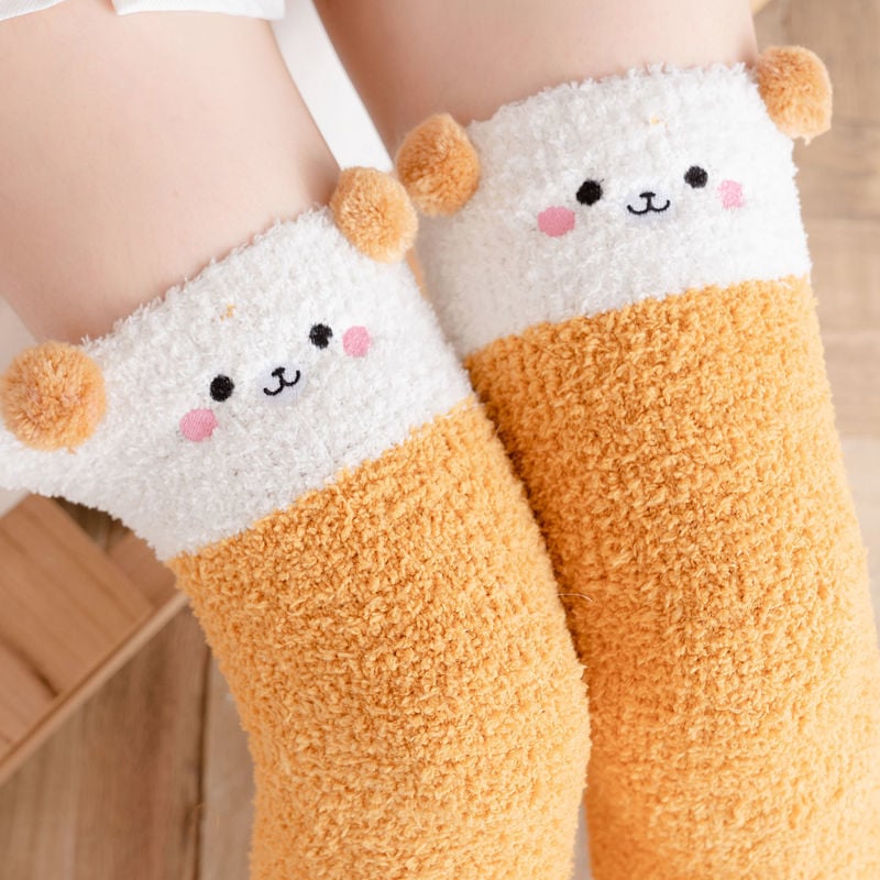 WINTER WARM KNEE THICK SOCKS FEMALE CORAL FLEECE WINTER LONG TUBE WAS THIN JK STUDENT CUTE BEAR HIGH TUBE SOCKS