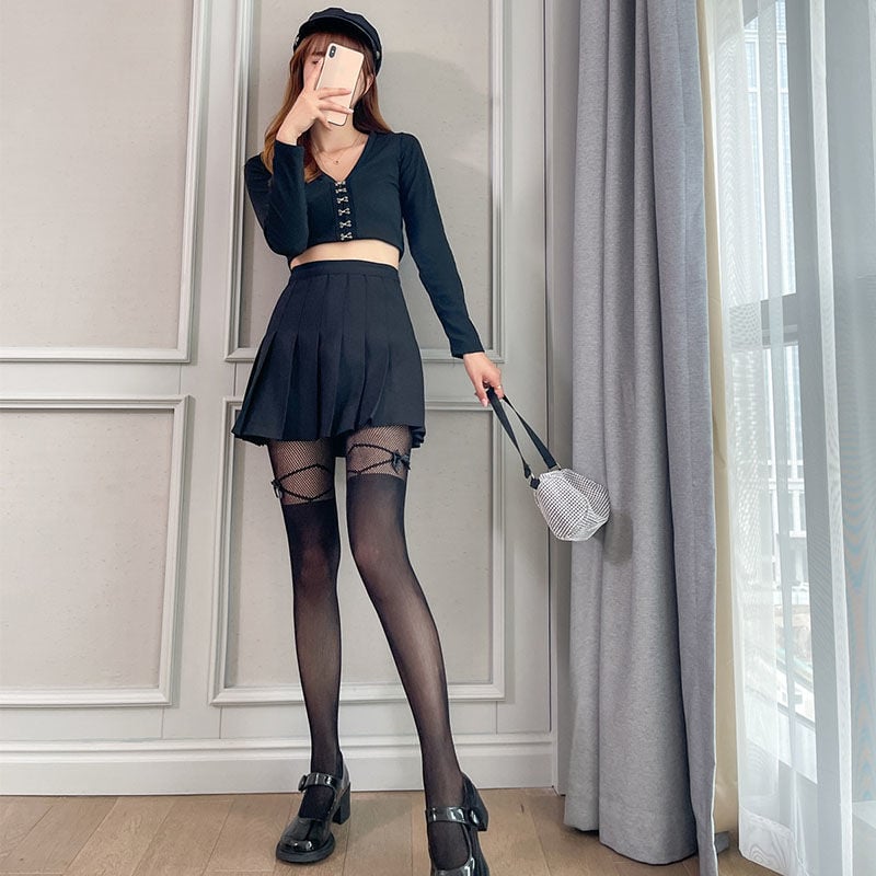 TIE BOW STITCHED FISHING NET SILK STOCKINGS THIN LEG JK LAURIE FASHION BLACK PANTYHOSE