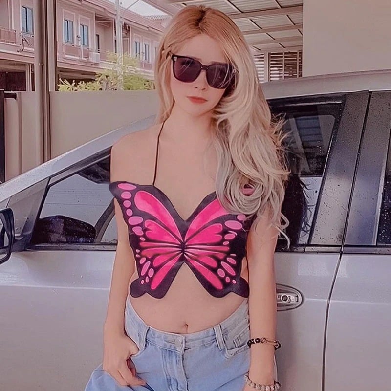 KAWAII CLOTHING BUTTERFLY WINGS CROP TOP BACKLESS PINK BLUE HARAJUKU FUN KOREA JAPAN