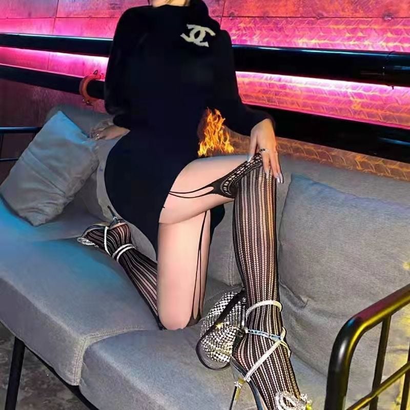 BLACK SLING ONE-PIECE MULTI-VERTICAL STRIPE FISHNET STOCKINGS
