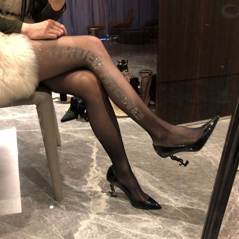 THIN HOT RHINESTONE BLACK LETTER PRINTING PANTYHOSE