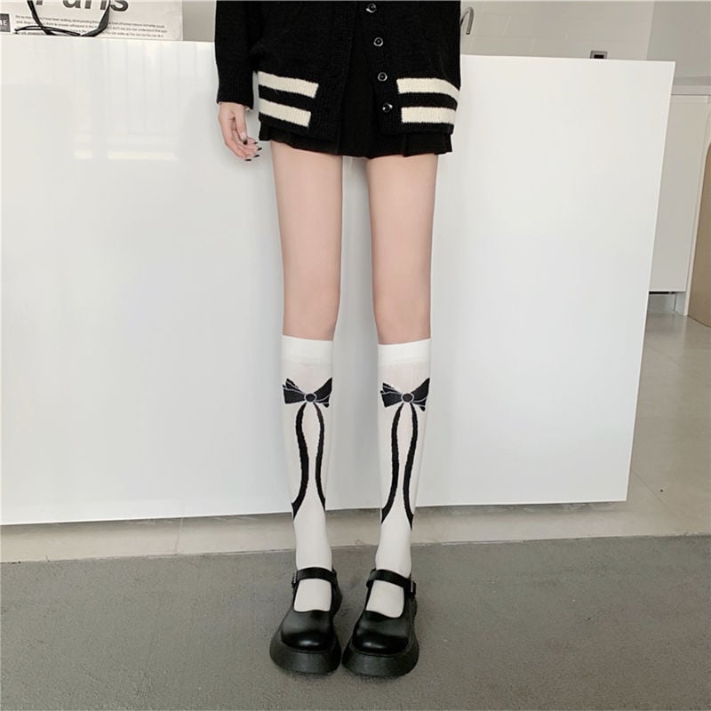 COLLEGE STYLE BOWKNOT TUBE SOCKS WOMEN'S KNITTED CALF SOCKS DARK LINE LOLITA PILE SOCKS