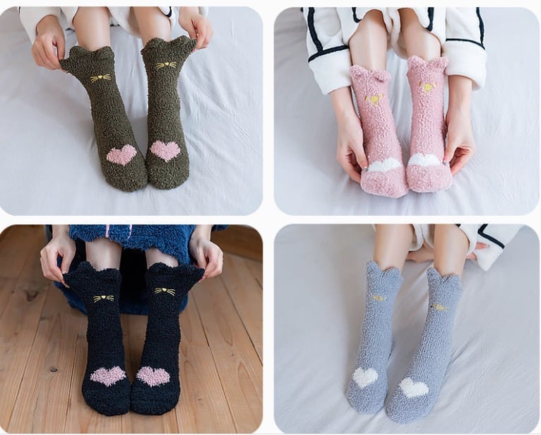 CUTE CAT CORAL VELVET SLEEP SOCKS WOMEN PLUS VELVET THICK TUBE SOCKS WINTER WARM HOME SLEEPING FLOOR SOCKS