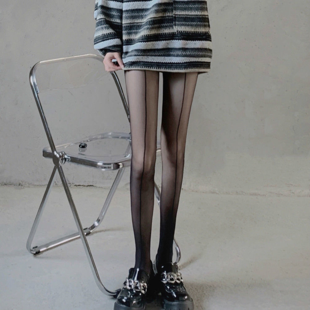 FASHION BLACK INVISIBLE STRAIGHT LINE JK BLACK SILK PANTYHOSE