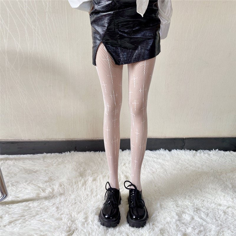 DARK CROSS HOLLOWED OUT FISHING NET SOCKS JK BLACK SILK THIN LEG SILK SOCKS