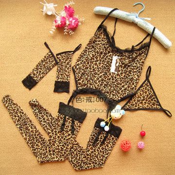 FASHION LEOPARD PRINT WOMEN'S FUN UNDERWEAR PERSPECTIVE MESH ONE PIECE SILK STOCKINGS 6 PIECE SUIT