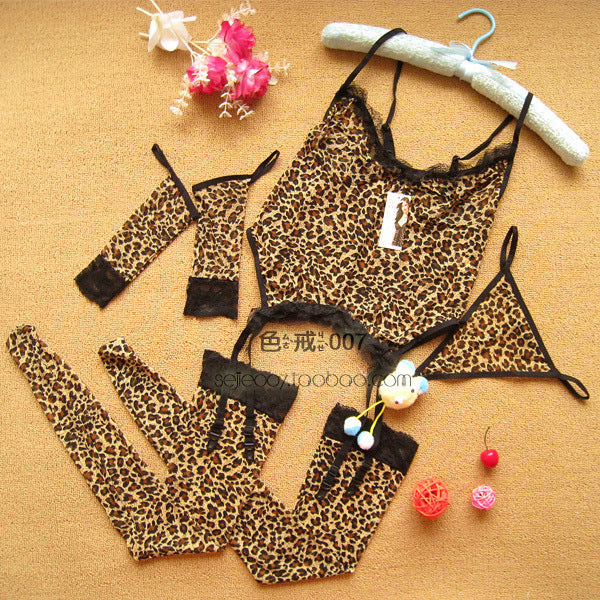 FASHION LEOPARD PRINT WOMEN'S FUN UNDERWEAR PERSPECTIVE MESH ONE PIECE SILK STOCKINGS 6 PIECE SUIT