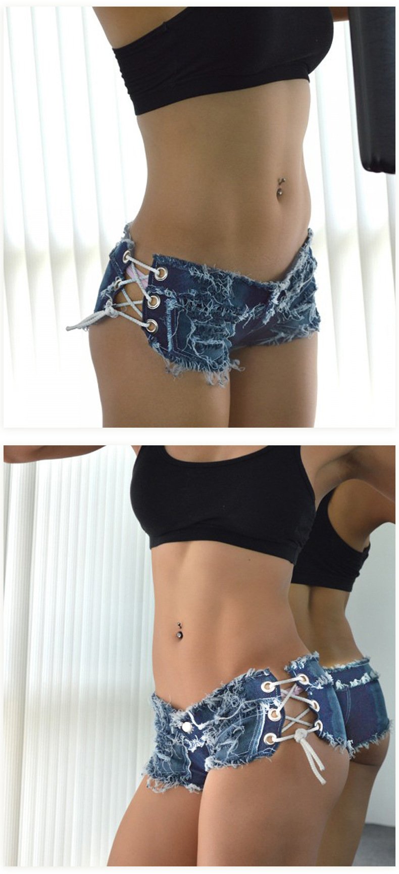 FASHION CUT OUT STRAP LOW WAIST DENIM SHORTS