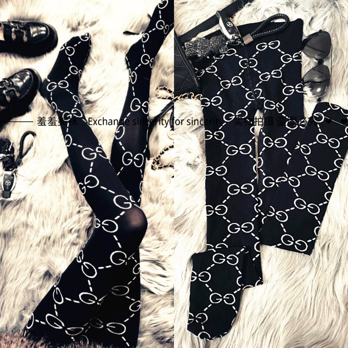 SPRING AND AUTUMN DOUBLE G PRINTED EMBROIDERED BLACK SILK LETTER TIGHTS