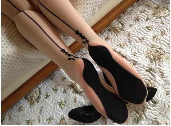 LOVE LINE VERTICAL TATTOOS STOCKINGS PANTYHOSE