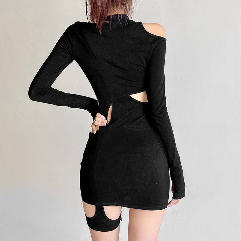 STITCHED SOLID LONG SLEEVE DRESS CUT OUT SLIM FIT TWO PIECE PULLOVER HIP DRESS