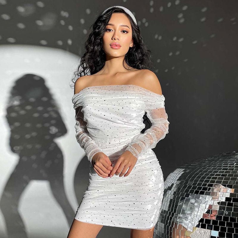 GLITTER MESH DRESS WOMEN'S OFF-SHOULDER PLEATED SLIM EVENING DRESS