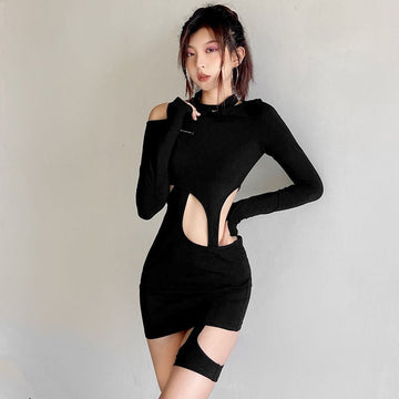 STITCHED SOLID LONG SLEEVE DRESS CUT OUT SLIM FIT TWO PIECE PULLOVER HIP DRESS