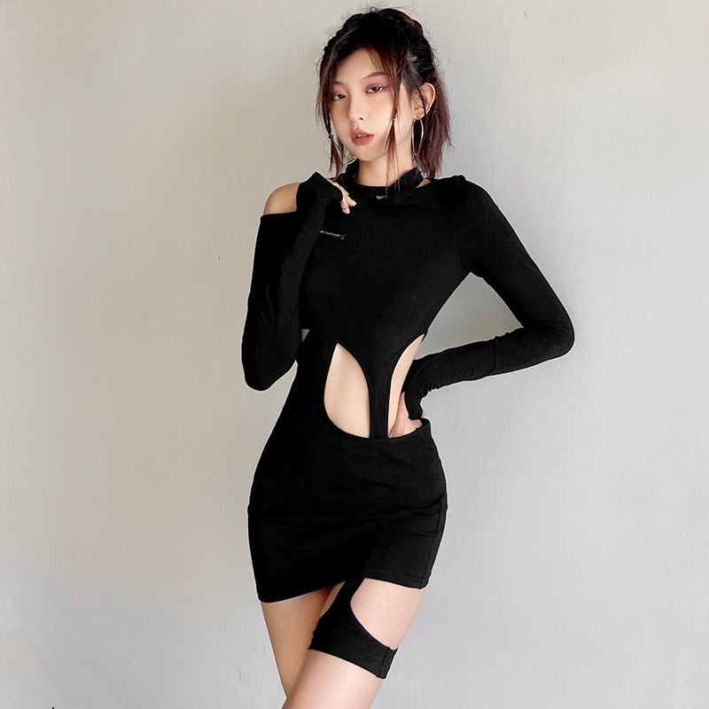 STITCHED SOLID LONG SLEEVE DRESS CUT OUT SLIM FIT TWO PIECE PULLOVER HIP DRESS