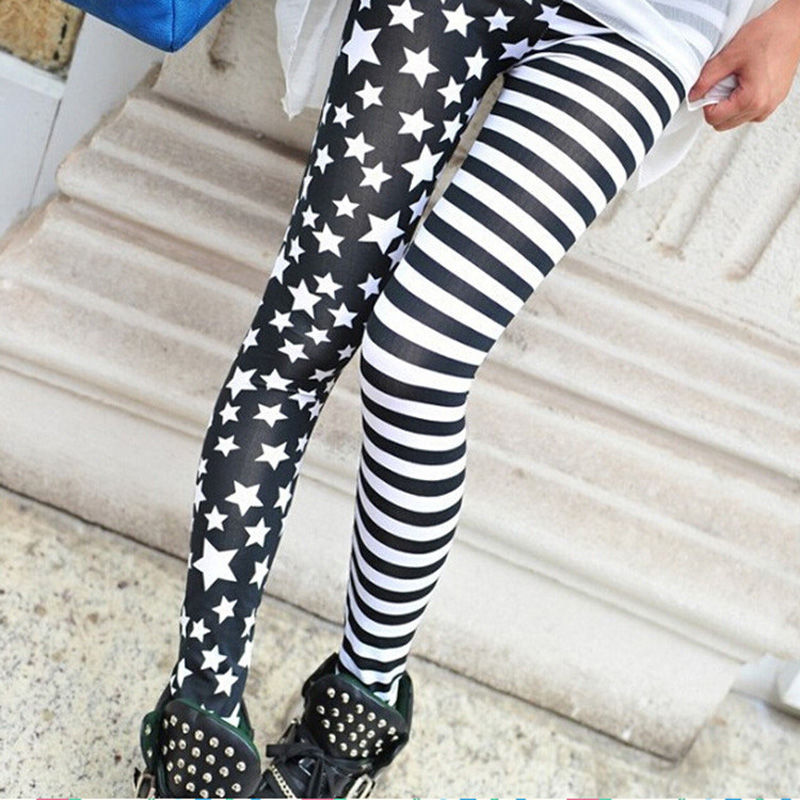ICE SILK LEGGINGS STRIPED STAR CONTRAST PRINTING ELASTIC TIGHT SKINNY PANTS