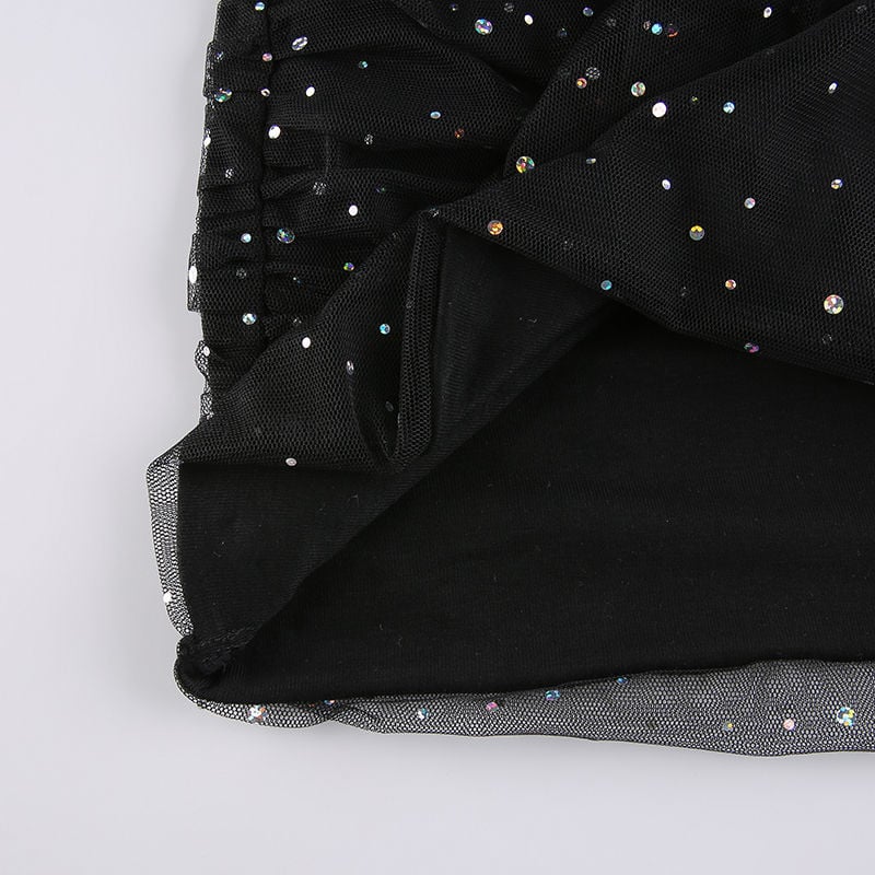 GLITTER MESH DRESS WOMEN'S OFF-SHOULDER PLEATED SLIM EVENING DRESS