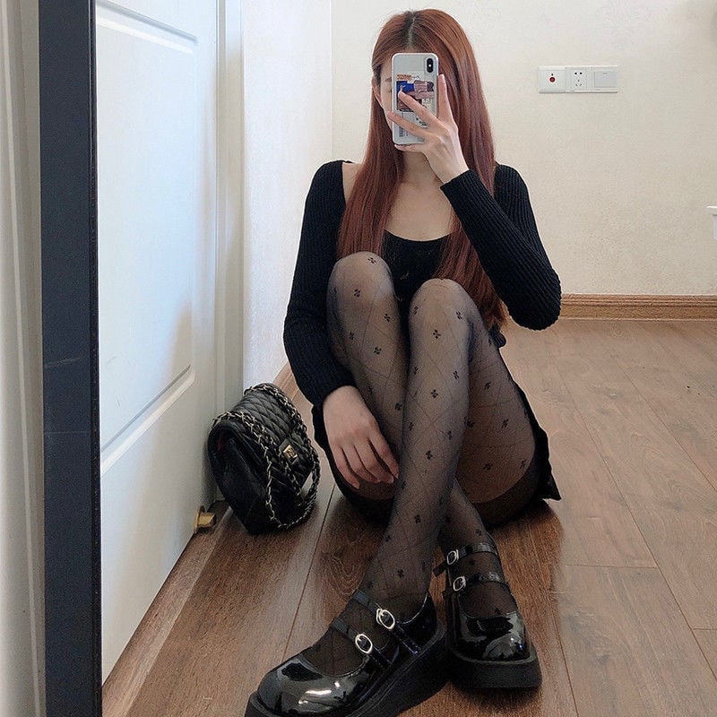 BLACK RHOMBIC JACQUARD CLOVER BLACK SILK STOCKINGS NET THIN LEG PANTYHOSE