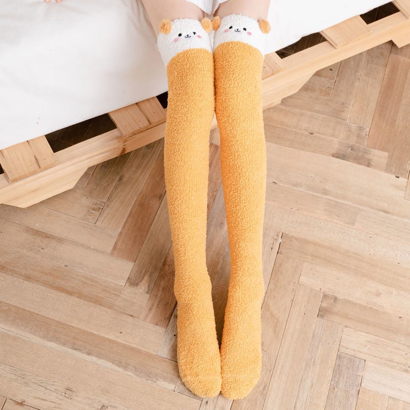WINTER WARM KNEE THICK SOCKS FEMALE CORAL FLEECE WINTER LONG TUBE WAS THIN JK STUDENT CUTE BEAR HIGH TUBE SOCKS