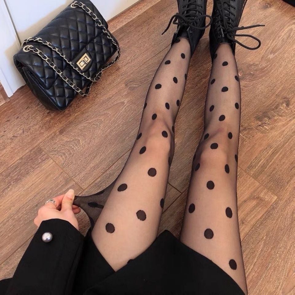 BLACK POLKA DOT STOCKINGS JACQUARD PANTYHOSE WAVE POINT BOTTOMING SOCKS
