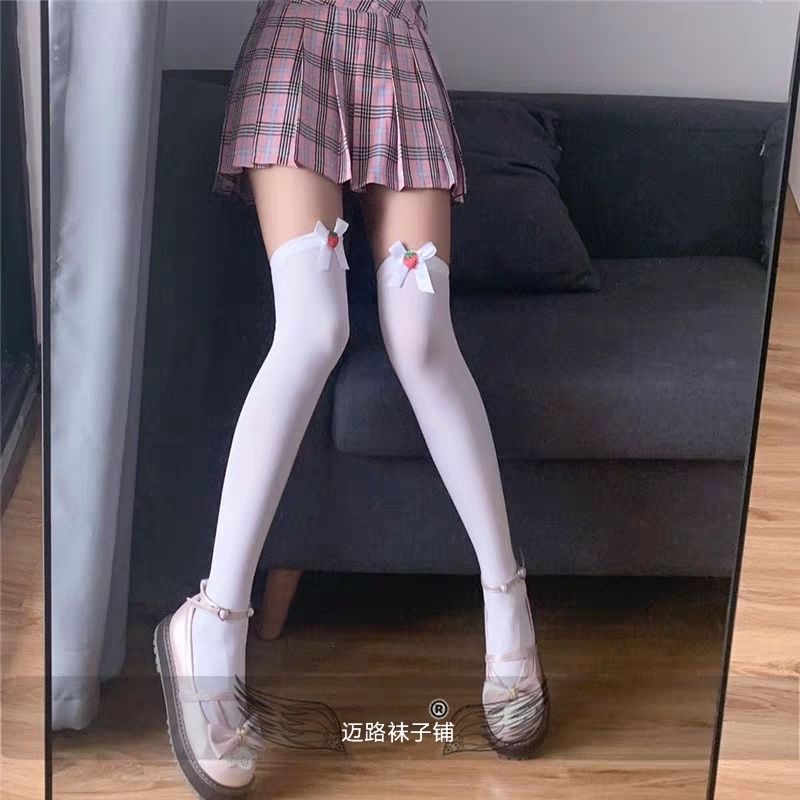 JK SOCKS LOVELY HIGH TUBE KNEE SOCKS STRAWBERRY BOW VELVET BEAUTIFUL LEG LOLITA SILK STOCKINGS