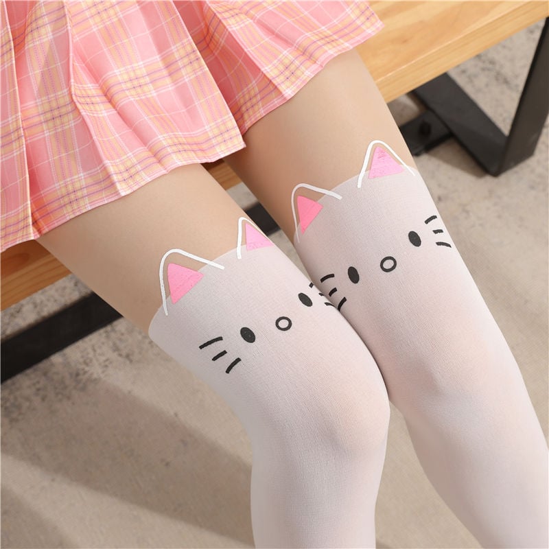 CUTE CAT STITCHING STOCKINGS THIN FAKE HIGH TUBE PANTYHOSE FASHION OVER-THE-KNEE STOCKINGS