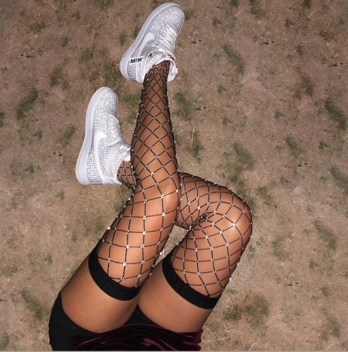 FASHION WOMAN CRYSTAL GLITTER UP THIGH HIGH STOCKINGS RHINESTONE FISHNET PANTYHOSE DIAMOND LARGE GRID TIGHTS