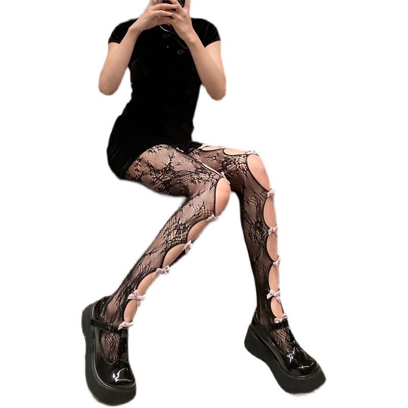 BROKEN HOLE RETRO BUTTERFLY JACQUARD FISHING NET BLACK SILK STOCKINGS