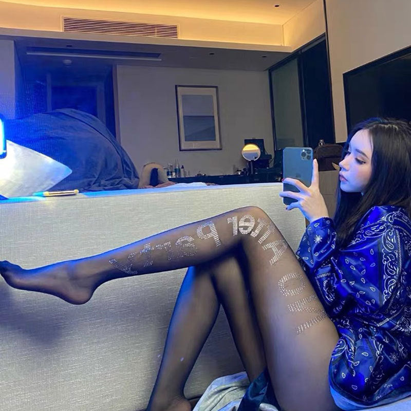 THIN HOT RHINESTONE BLACK LETTER PRINTING PANTYHOSE