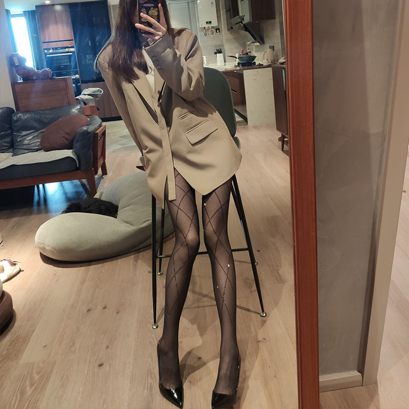 THIN VELVET PANTYHOSE DIAMOND GRID SHINY BLACK STOCKINGS WITH DIAMOND GRID