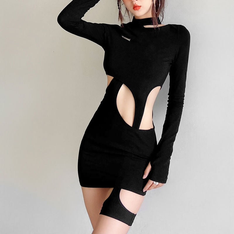 STITCHED SOLID LONG SLEEVE DRESS CUT OUT SLIM FIT TWO PIECE PULLOVER HIP DRESS