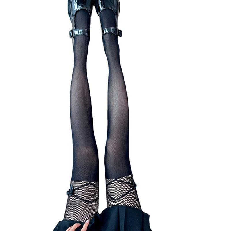 TIE BOW STITCHED FISHING NET SILK STOCKINGS THIN LEG JK LAURIE FASHION BLACK PANTYHOSE