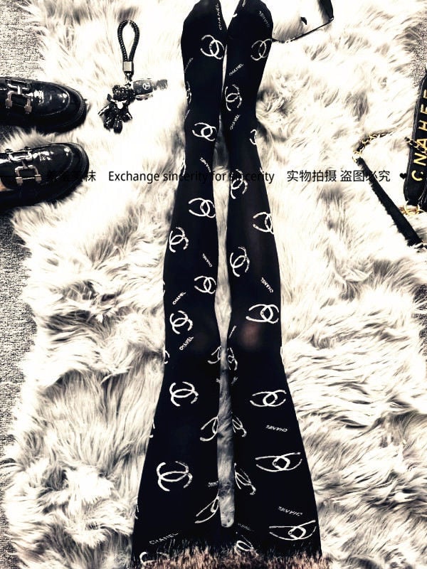 SPRING AND AUTUMN DOUBLE G PRINTED EMBROIDERED BLACK SILK LETTER TIGHTS