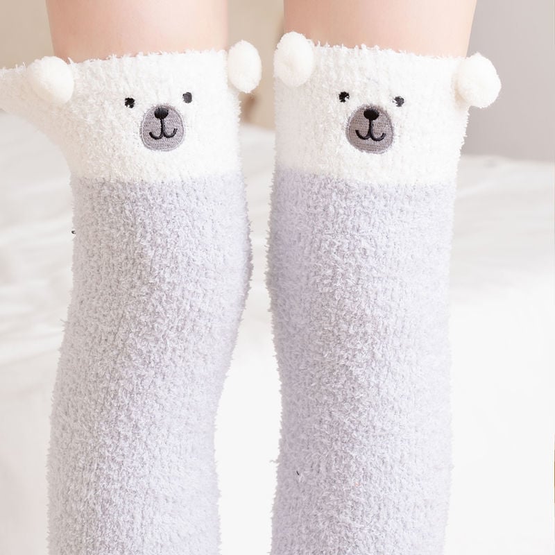 WINTER WARM KNEE THICK SOCKS FEMALE CORAL FLEECE WINTER LONG TUBE WAS THIN JK STUDENT CUTE BEAR HIGH TUBE SOCKS